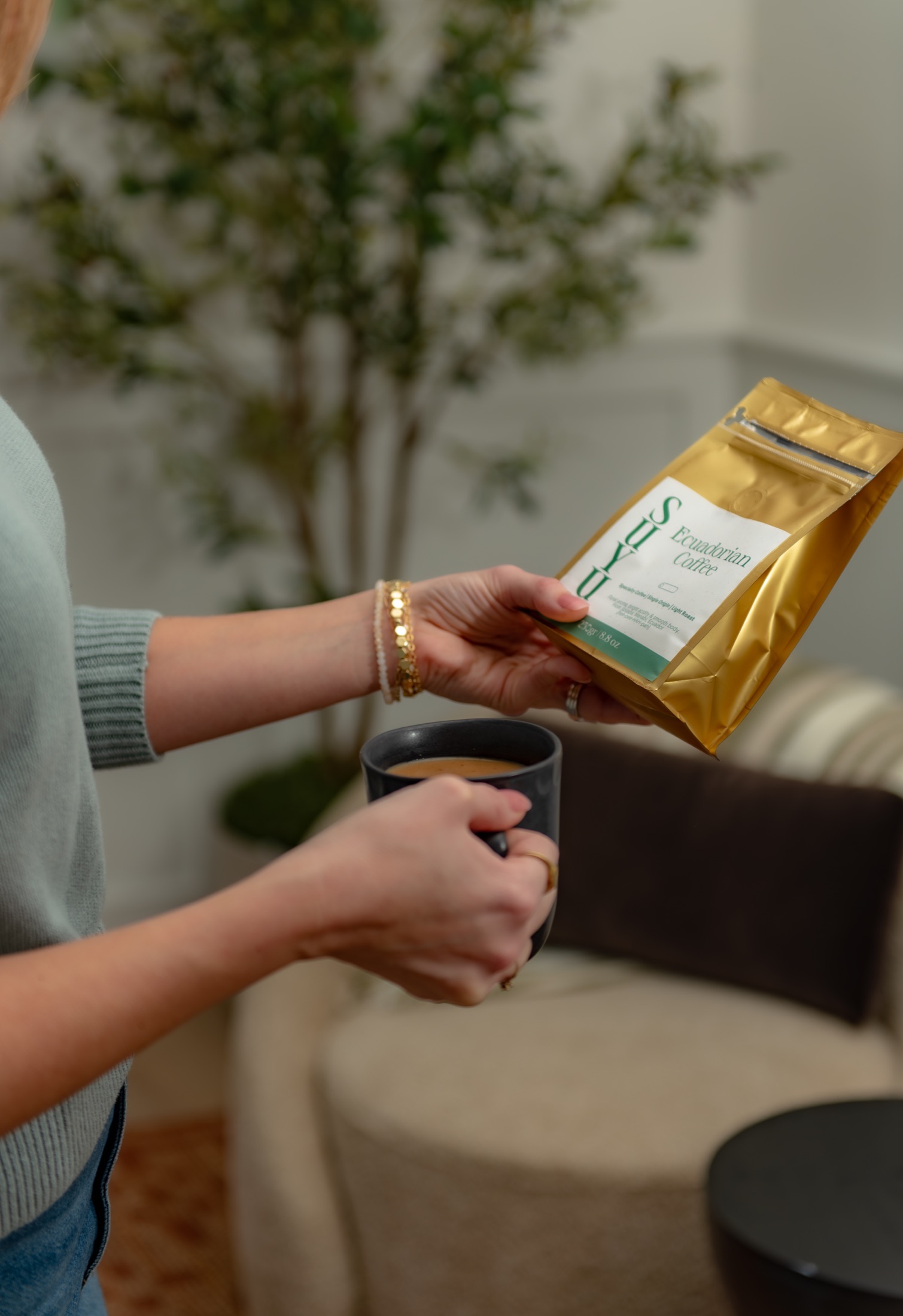 Ecuadorian coffee packaging photographed in use for branded social content